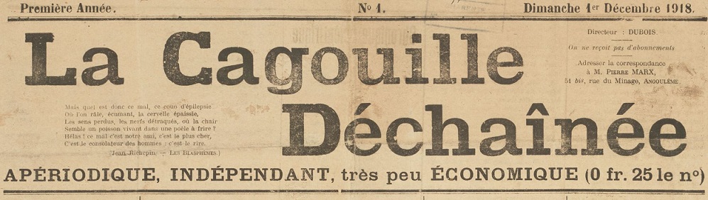 Photo (BnF / Gallica) de : La Cagouille déchaînée. Angoulême, 1918-[1920 ?]. ISSN 1966-4931.