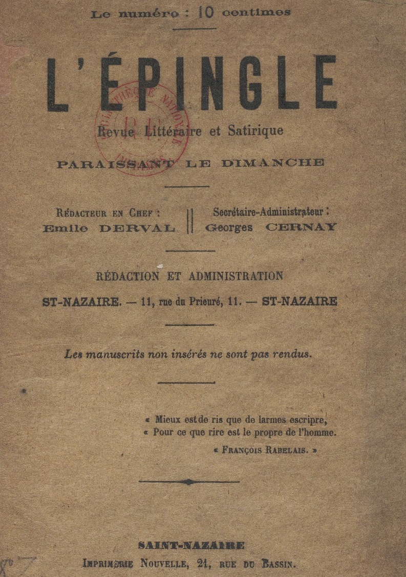 Photo (BnF / Gallica) de : L'Épingle. Saint-Nazaire : Imprimerie nouvelle, 1884. ISSN 2127-3642.