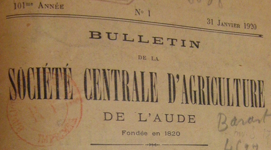 Photo (BnF / Gallica) de : Bulletin de la Société centrale d'agriculture de l'Aude. Carcassonne, 1920-1935. ISSN 2019-0999.