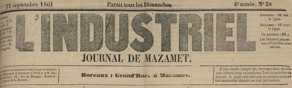 Photo (BnF / Gallica) de : L'Industriel. Mazamet, 1856-1881. ISSN 2129-822X.