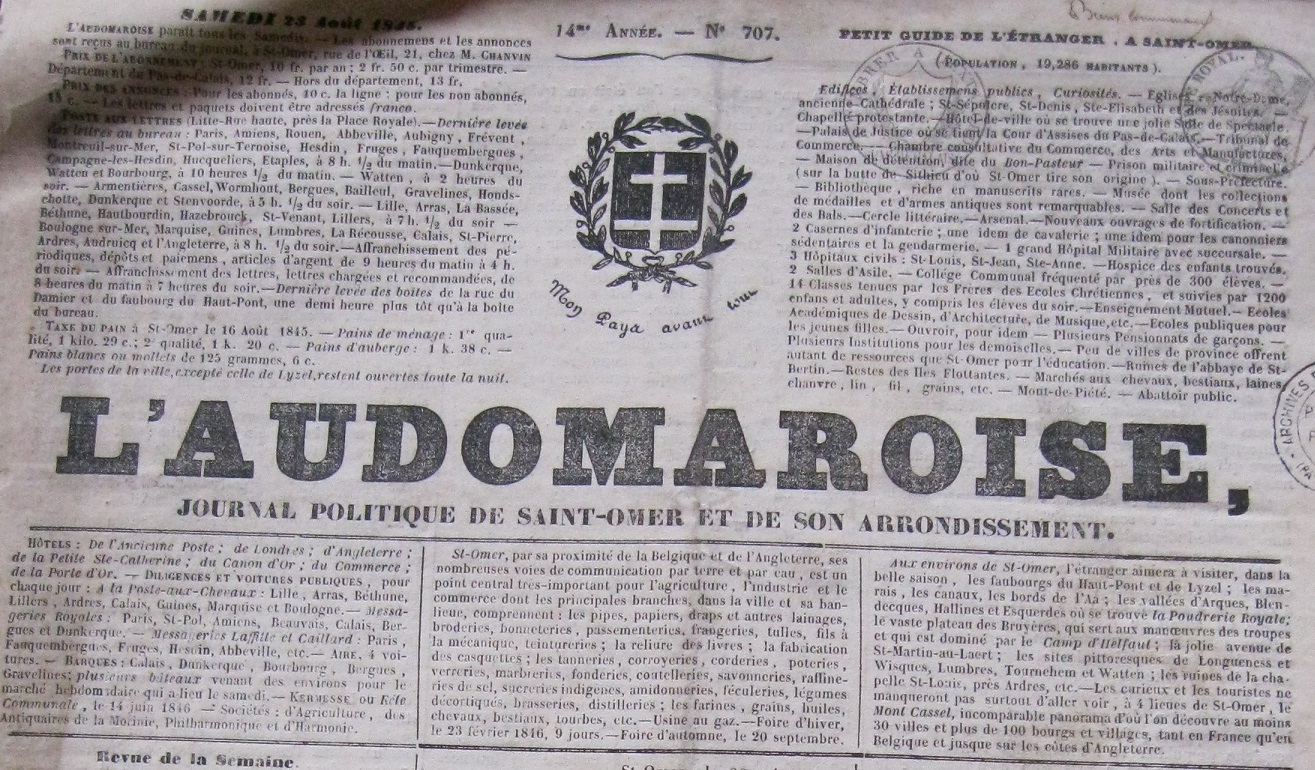 Photo (Pas-de-Calais. Archives départementales) de : L'Audomaroise. Saint-Omer, [1833 ?-1847 ?]. ISSN 2610-2528.