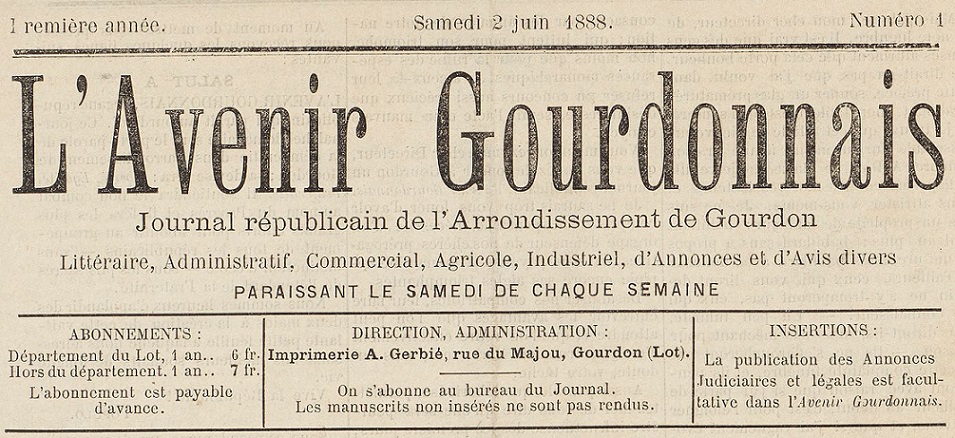 Photo (BnF / Gallica) de : L'Avenir gourdonnais. Gourdon, 1888-1939. ISSN 2111-8582.