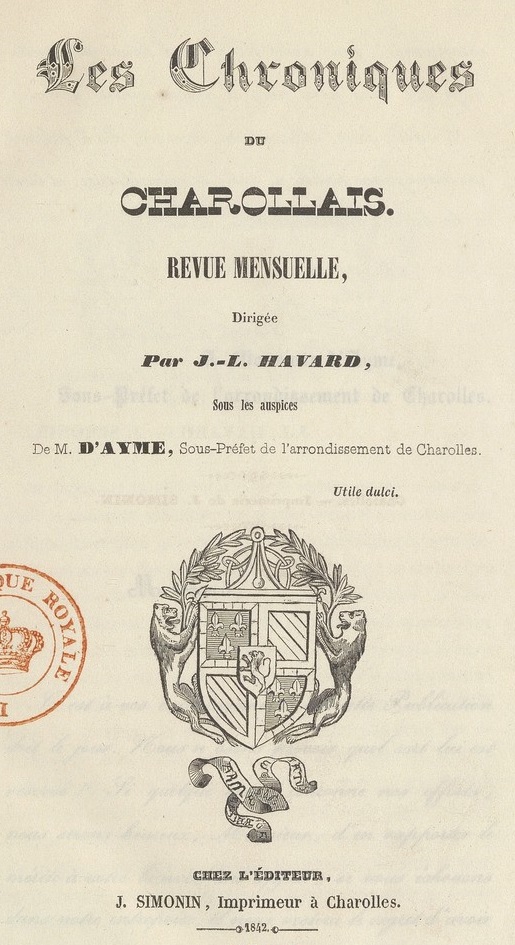 Photo (BnF / Gallica) de : Les Chroniques du Charollais. Charolles, 1842-1843. ISSN 2552-7797.