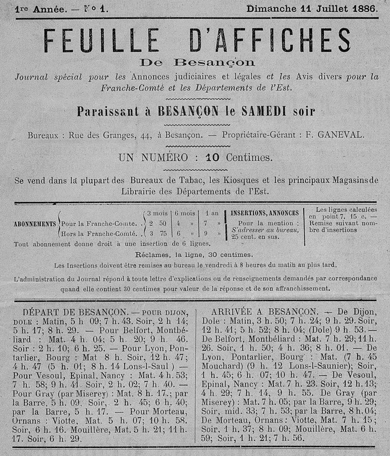 Photo (BnF / Gallica) de : Feuille d'affiches de Besançon. Besançon, 1886-[1886?]. ISSN 2017-067X.