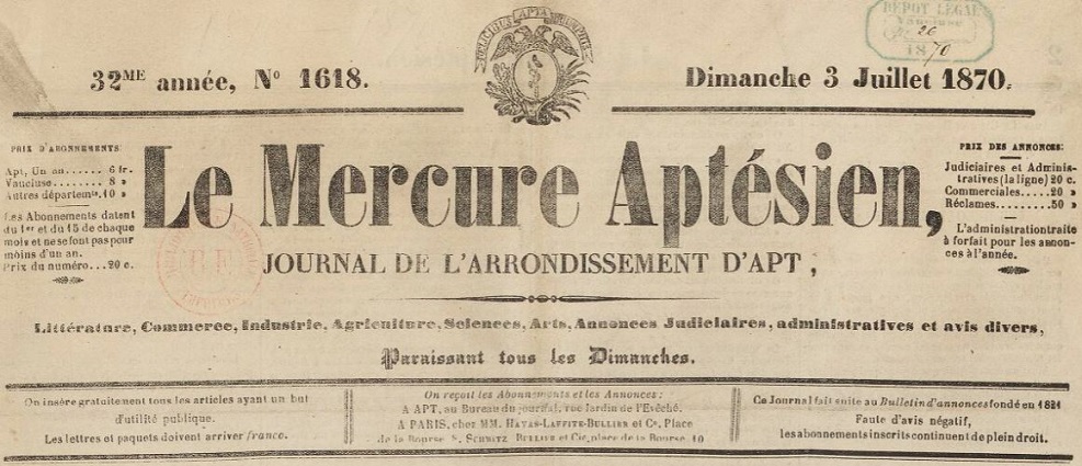 Photo (BnF / Gallica) de : Le Mercure aptésien. Apt : J.-S. Jean, 1839-1926. ISSN 2132-0500.