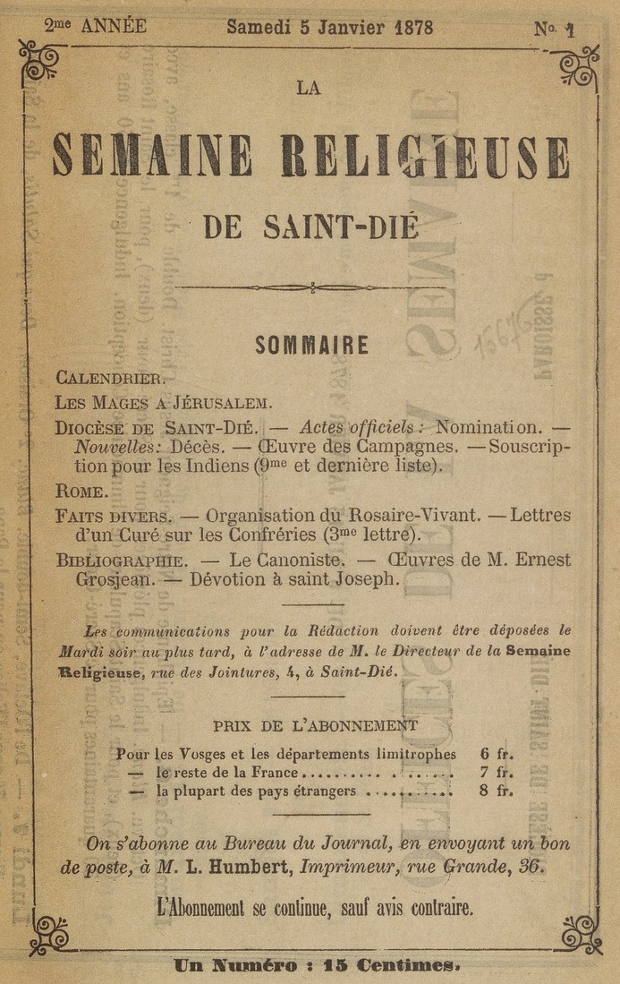 Photo (BnF / Gallica) de : La Semaine religieuse de Saint-Dié. Saint-Dié, 1876-1936. ISSN 2137-9734.
