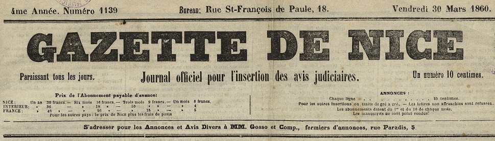 Photo (Nice. Archives municipales) de : Gazette de Nice. Nice, 1859-[1861 ?]. ISSN 1160-5006.
