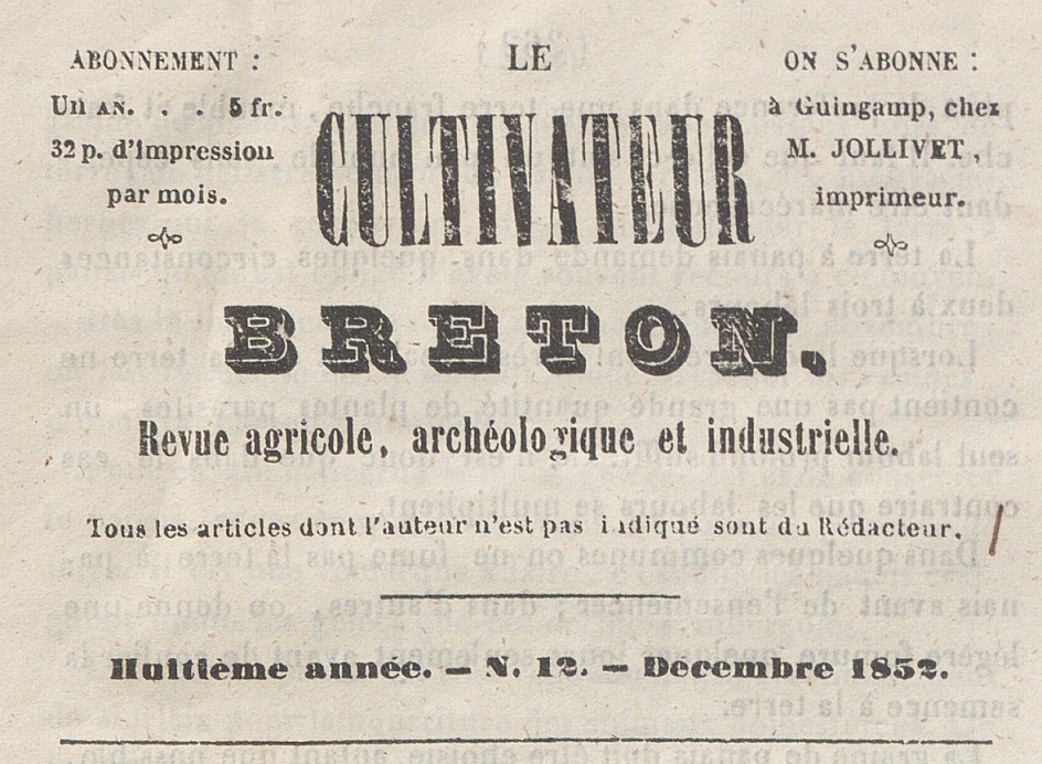 Photo (Finistère. Archives départementales) de : Le Cultivateur breton. Guingamp : Benjamin Jollivet, 1846-1860. ISSN 2112-1060.