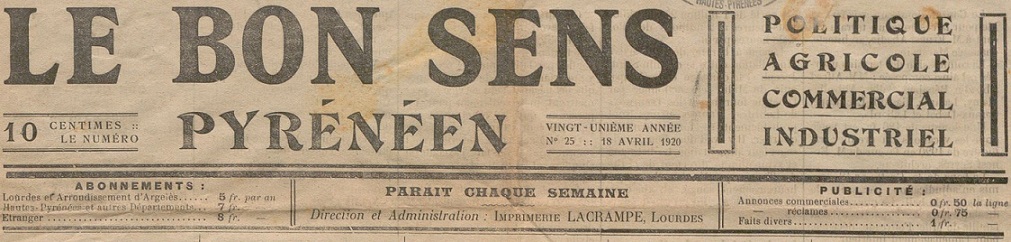 Photo (BnF / Gallica) de : Le Bon sens pyrénéen. Lourdes, 1919-1944. ISSN 2271-7226.