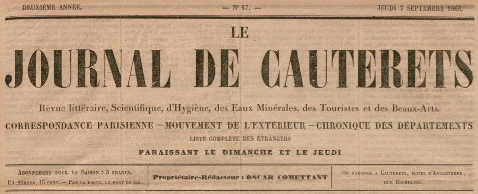 Photo (BnF / Gallica) de : Le Journal de Cauterets. [Cauterets], 1864-[1866?]. ISSN 2111-2525.