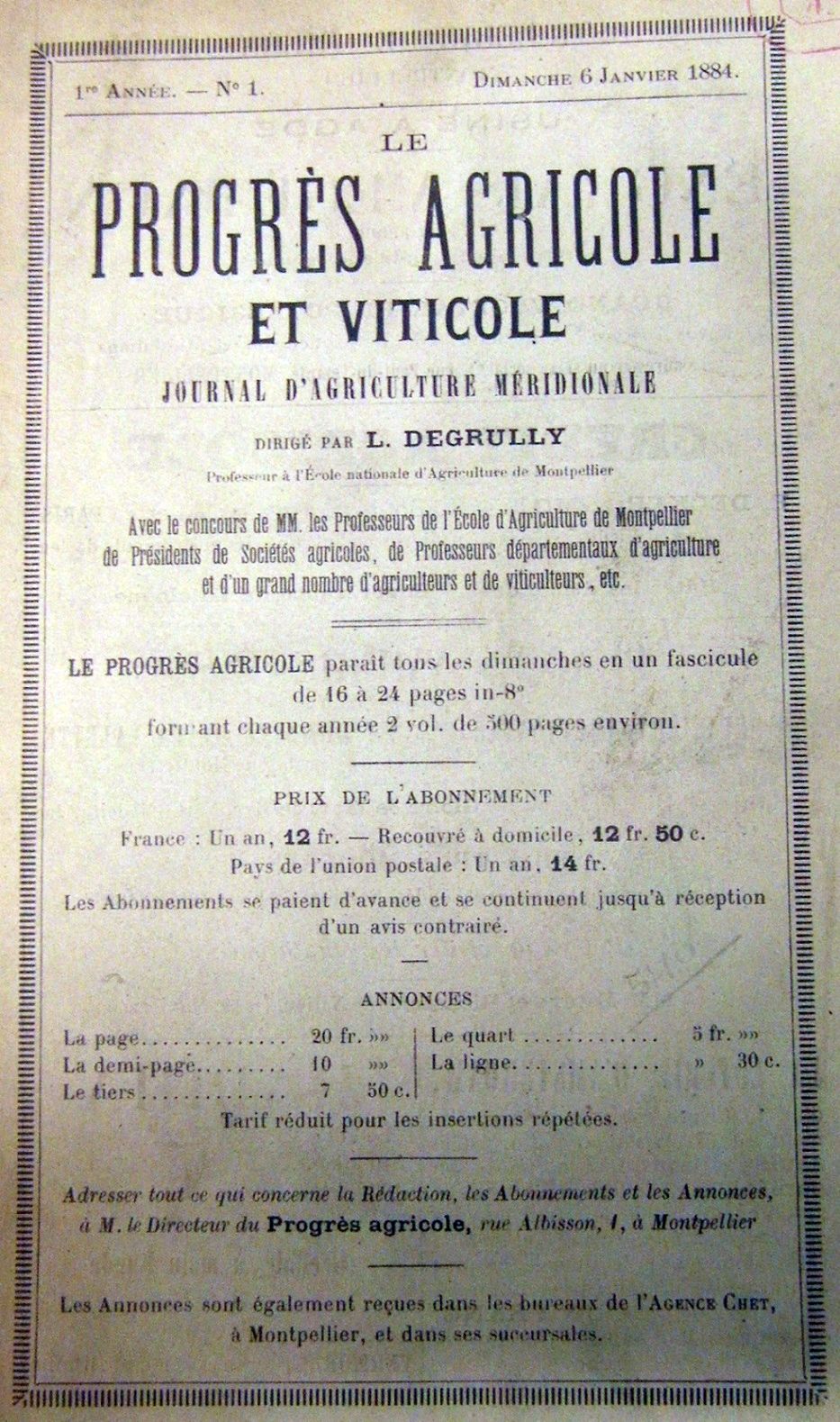 Photo (BnF / Gallica) de : Le Progrès agricole et viticole. Montpellier, 1884-2010. ISSN 0369-8173.