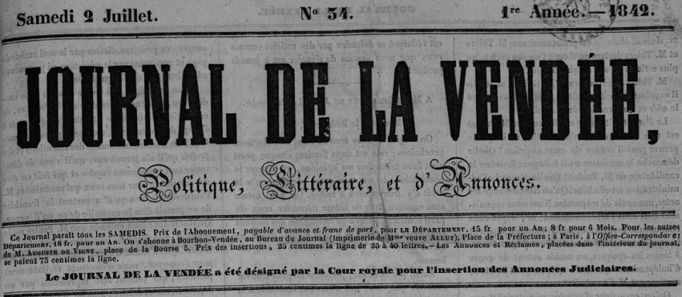 Photo (Vendée. Archives départementales) de : Journal de la Vendée. Bourbon-Vendée, 1841-[1843 ?]. ISSN 2017-0734.