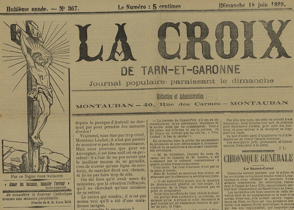 Photo (BnF / Gallica) de : La Croix de Tarn-et-Garonne. Montauban, 1892-1944. ISSN 2125-267X.