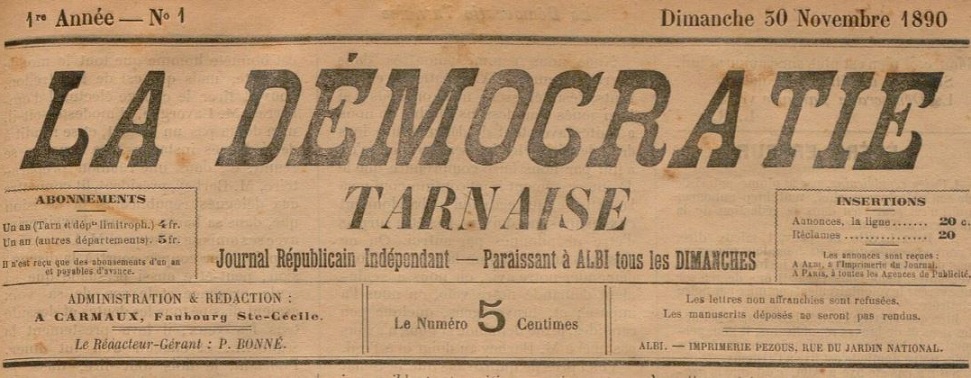 Photo (BnF / Gallica) de : La Démocratie tarnaise. Carmaux, 1890-1891. ISSN 2125-723X.