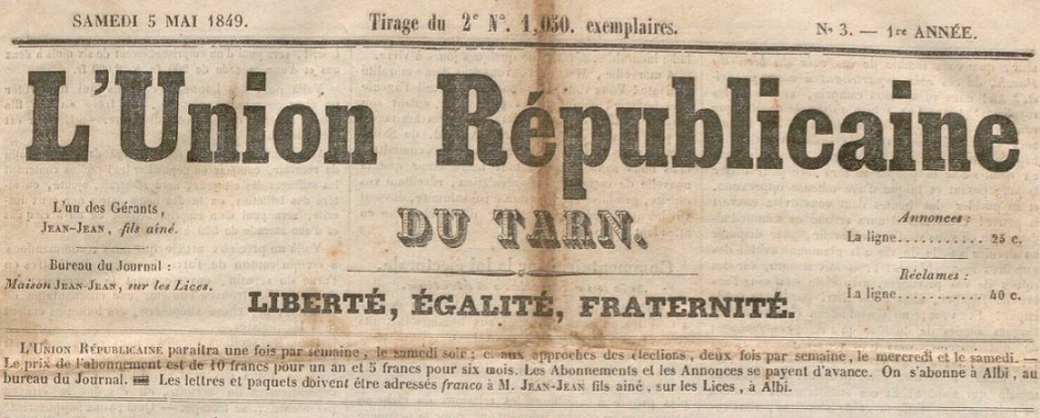 Photo (BnF / Gallica) de : L'Union républicaine du Tarn. Albi, 1849-1852. ISSN 2139-5802.