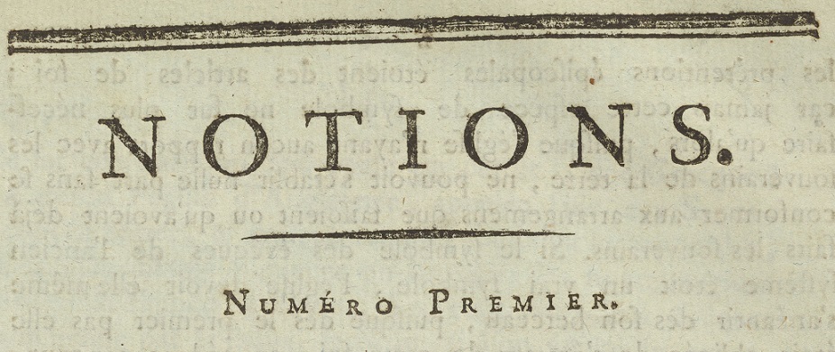 Photo (New York public library) de : Notions. Périgueux : de l'imprimerie des Amis de la constitution et de M. l'Évêque, [1791 ?]. ISSN 2970-7986.