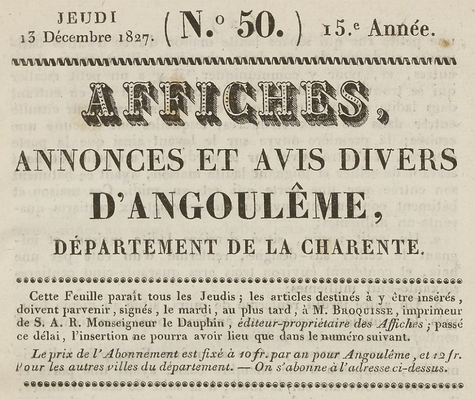Photo (BnF / Gallica) de : Affiches, annonces et avis divers d'Angoulême, département de la Charente. Angoulême : Jean Broquisse, 1813-[1840 ?]. ISSN 2107-8777.
