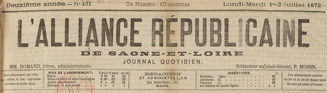 Photo (BnF / Gallica) de : L'Alliance républicaine de Saône-et-Loire. Mâcon, 1871-1879. ISSN 2120-5930.