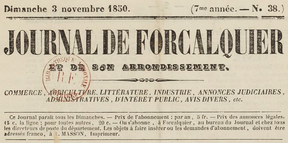 Photo (BnF / Gallica) de : Journal de Forcalquier et de son arrondissement. Forcalquier, 1849-1944. ISSN 2271-8834.