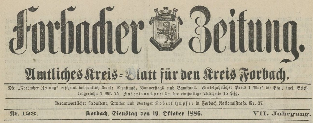 Photo (BnF / Gallica) de : Forbacher Zeitung. Forbach, 1880-1919. ISSN 2015-481X.
