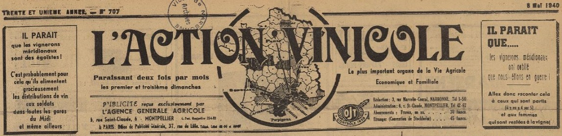 Photo (BnF / Gallica) de : L'Action vinicole. Montpellier, Narbonne, 1940-1944. ISSN 2120-229X.