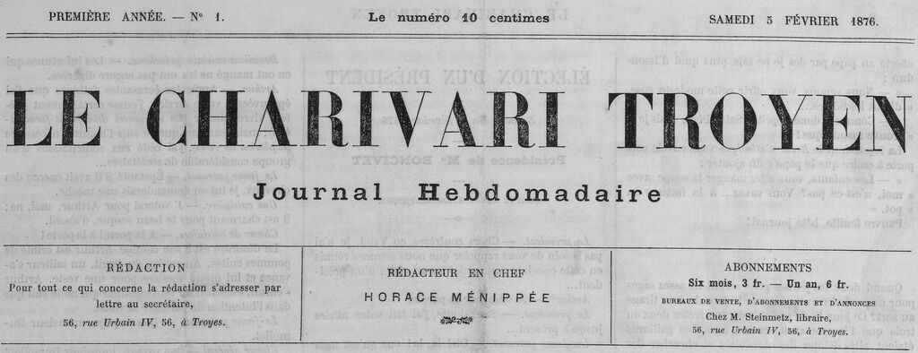 Photo (BnF / Gallica) de : Le Charivari troyen. Troyes, 1876. ISSN 2262-9521.