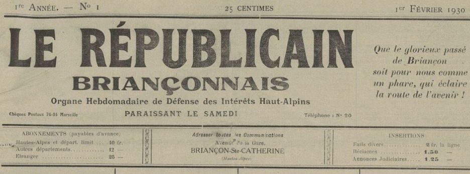 Photo (Hautes-Alpes. Archives départementales) de : Le Républicain briançonnais. Briançon-Sainte-Catherine, 1930-1944. ISSN 2259-0927.