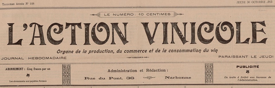 Photo (BnF / Gallica) de : L'Action vinicole. Narbonne, 1911-1937. ISSN 2120-2303.