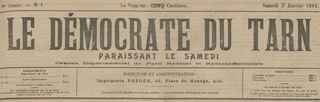 Photo (BnF / Gallica) de : Le Démocrate du Tarn. Albi, 1906-1923. ISSN 2125-5962.