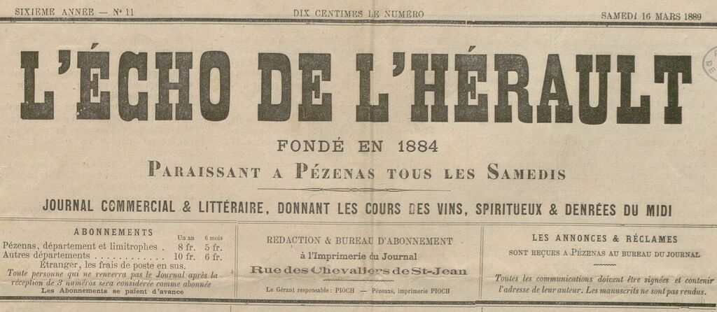 Photo (BnF / Gallica) de : L'Écho de l'Hérault. Pézenas, 1884-1929. ISSN 2126-2241.