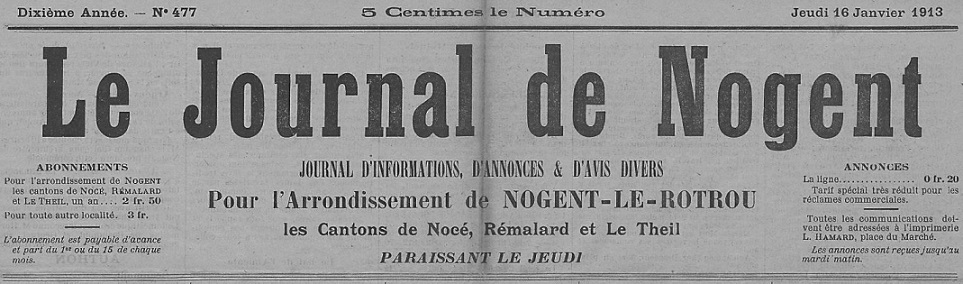 Photo (Arch. dép. d'Eure-et-Loir, PER 49) de : Le Journal de Nogent. Nogent-le-Rotrou, 1903-1917. ISSN 2130-5560.