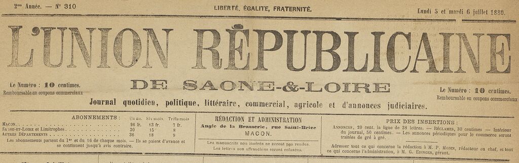 Photo (BnF / Gallica) de : L'Union républicaine de Saône-et-Loire. Mâcon, 1879-[1882 ?]. ISSN 2139-5632.