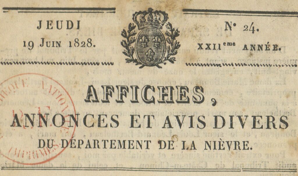 Photo (BnF / Gallica) de : Affiches, annonces et avis divers de la Nièvre. Nevers : impr. Louis Roch, 1812-[1829 ?]. ISSN 2112-1389.