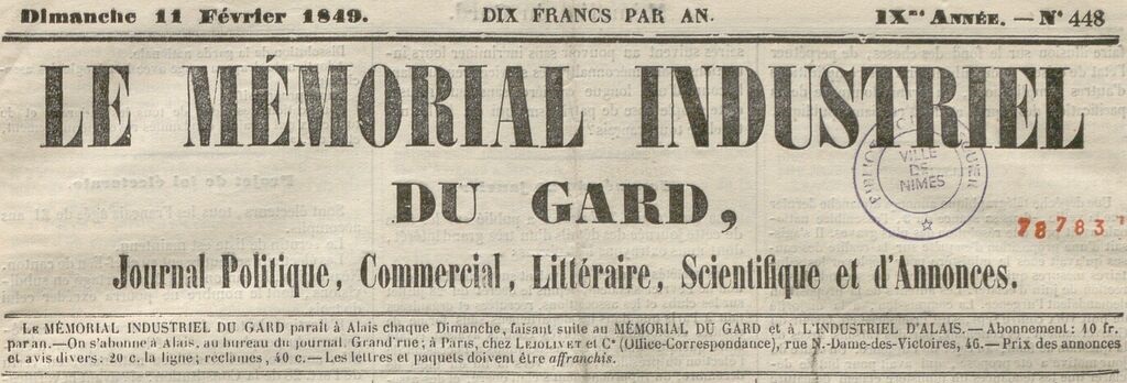 Photo (BnF / Gallica) de : Le Mémorial industriel du Gard. Alais, 1849-[1854 ?]. ISSN 2132-0187.