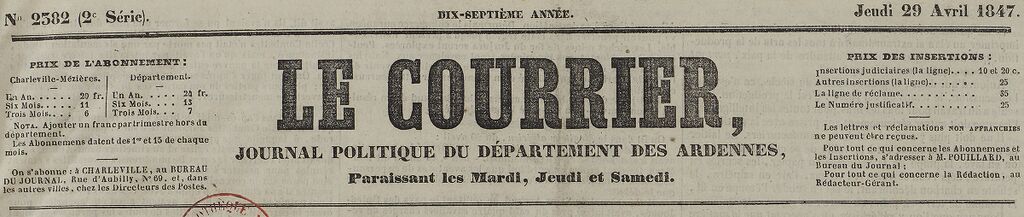 Photo (BnF / Gallica) de : Le Courier. Charleville, 1835-1849. ISSN 2103-2009.