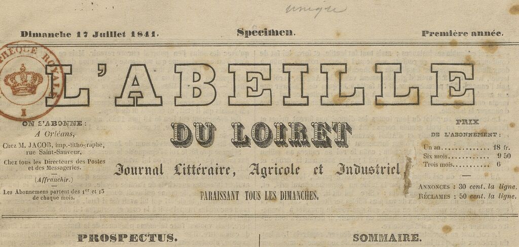Photo (BnF / Gallica) de : L'Abeille du Loiret. Orléans, 1841. ISSN 2120-0629.