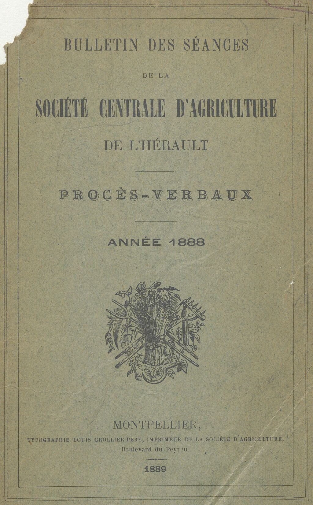 Photo (BnF / Gallica) de : Bulletin des séances de la Société centrale d'agriculture du département de l'Hérault.... Montpellier, 1807-1902. ISSN 2122-7926.
