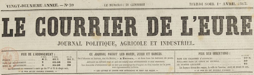 Photo (BnF / Gallica) de : Le Courrier de l'Eure. Évreux : A. Hérissey, 1841-1919. ISSN 2259-2725.