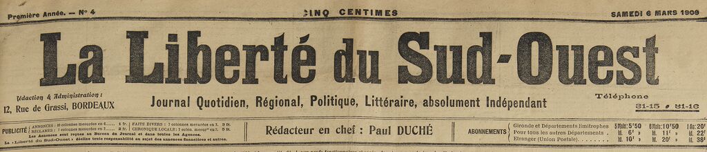 Photo (BnF / Gallica) de : La Liberté du Sud-Ouest. Bordeaux, 1909-1944. ISSN 2131-3393.