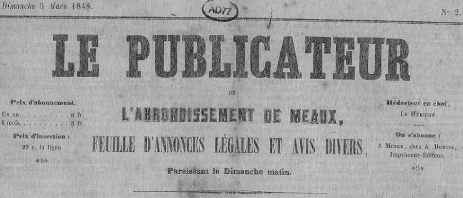 Photo (Seine-et-Marne. Archives départementales) de : Le Publicateur de l'arrondissement de Meaux. Meaux, 1848-1944. ISSN 2135-6777.