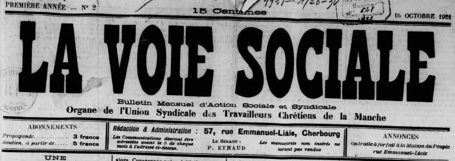 Photo (Manche. Archives départementales) de : La Voie sociale. Cherbourg, 1921-[1939 ?]. ISSN 2140-1284.