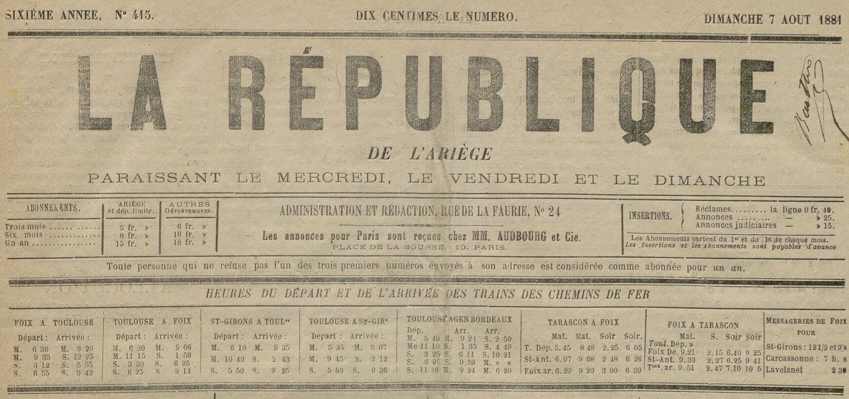 Photo (BnF / Gallica) de : La République de l'Ariège. Foix, 1881-1935. ISSN 2020-3853.