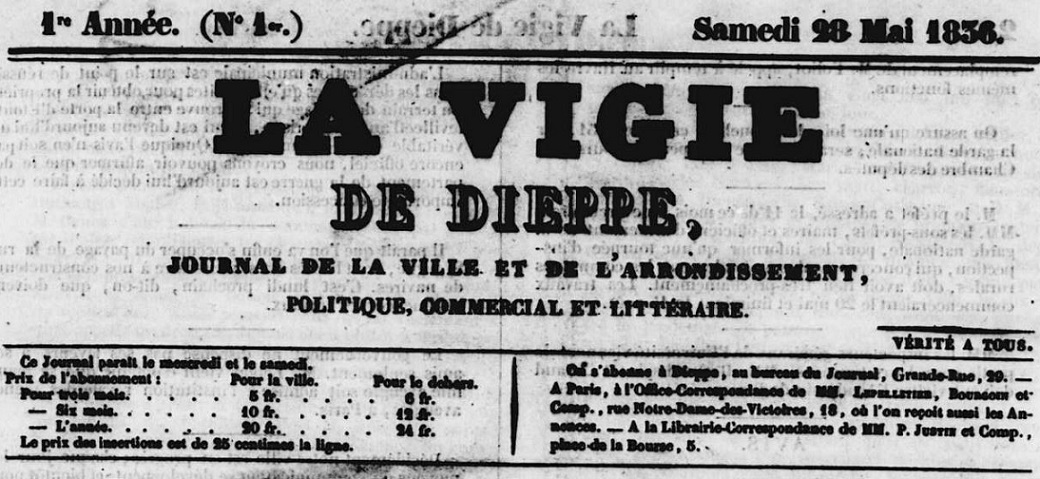 Photo (Médiathèque Jean-Renoir (Dieppe, Seine-Maritime)) de : La Vigie de Dieppe. Dieppe : Impr. de Levasseur, 1836-1901. ISSN 1260-5042.