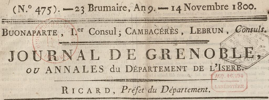 Photo (BnF / Gallica) de : Journal de Grenoble. Grenoble : Ferry, 1798-1803. ISSN 2272-9216.