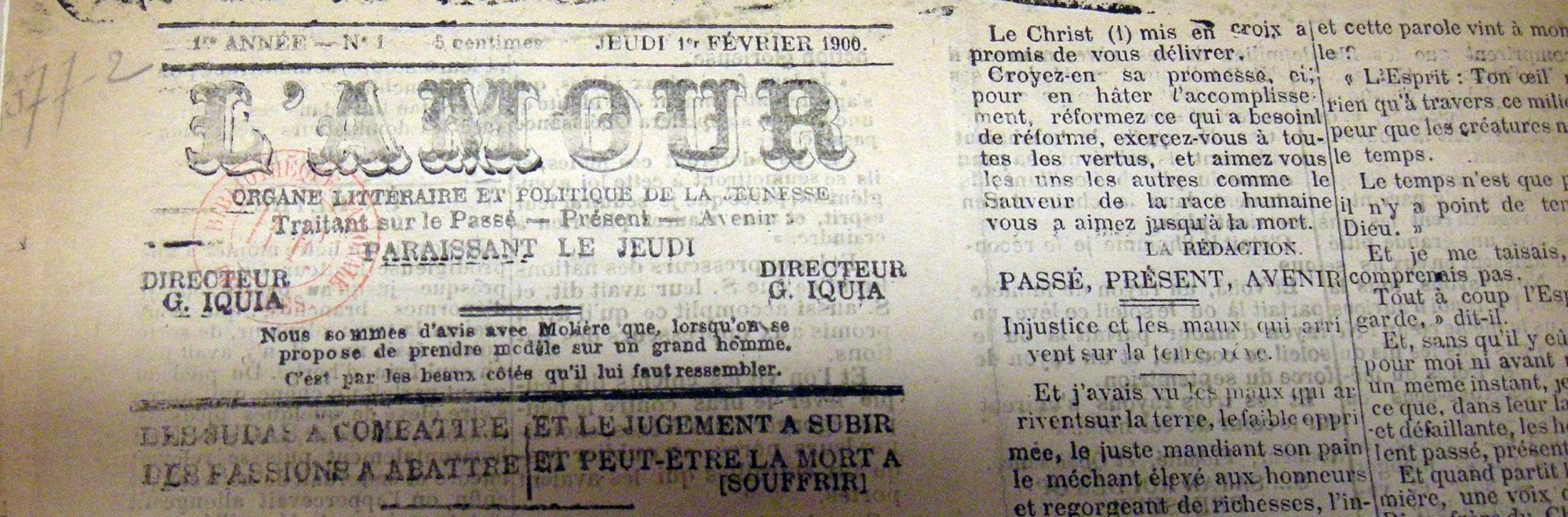 Photo (BnF / Gallica) de : L'Amour. Pointe-à-Pitre, 1900. ISSN 2427-2388.
