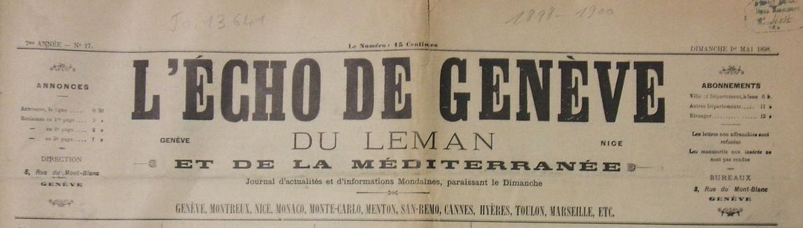 Photo (BnF / Gallica) de : L'Écho de Genève et du Léman. Genève, 1892-[1904 ?]. ISSN 1663-2931.