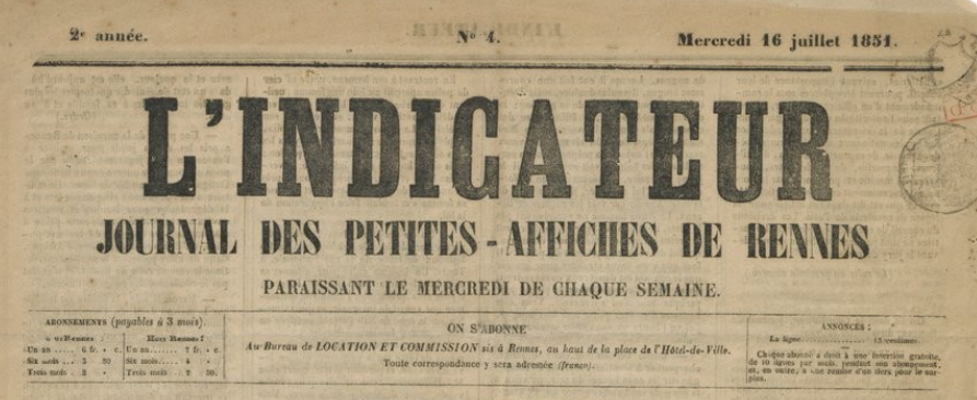 Photo (BnF / Gallica) de : L'Indicateur. Rennes, [1850 ?-1851 ?]. ISSN 2129-6871.