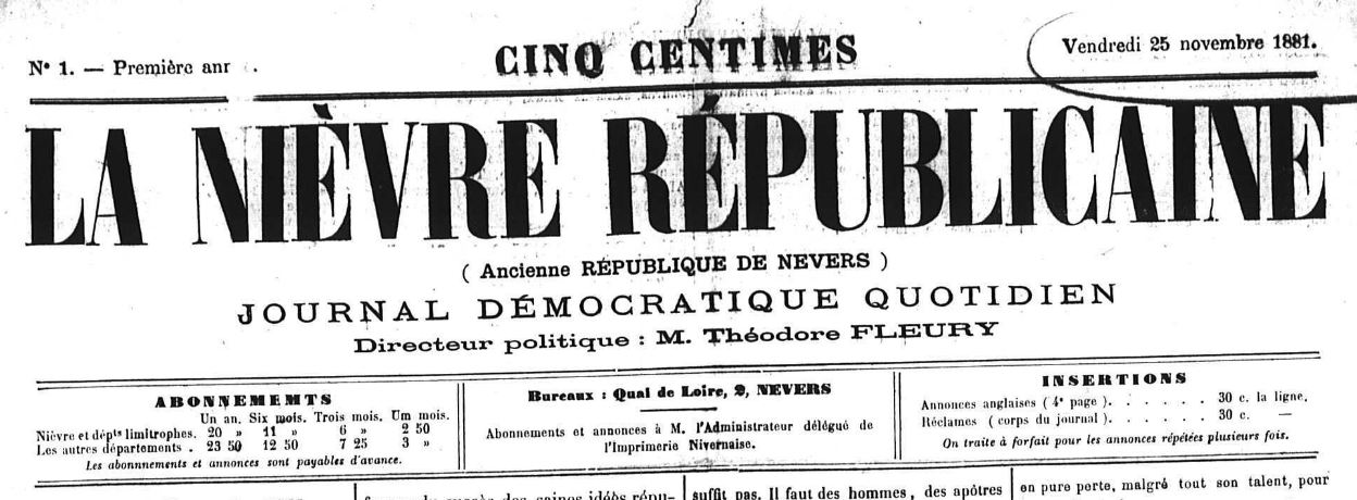 Photo (Nièvre. Archives départementales) de : La Nièvre républicaine. Nevers, 1881-1888. ISSN 1270-6272.
