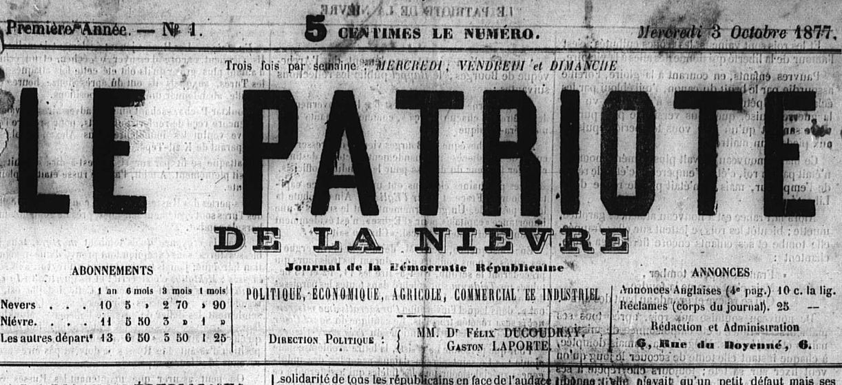 Photo (Nièvre. Archives départementales) de : Le Patriote de la Nièvre. Nevers, 1877-1886. ISSN 1261-601X.