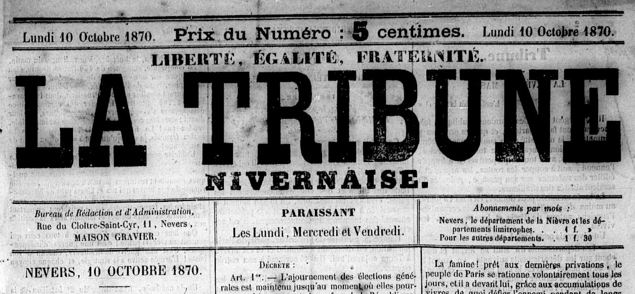 Photo (Nièvre. Archives départementales) de : La Tribune nivernaise. Nevers, 1870-1872. ISSN 1261-6451.